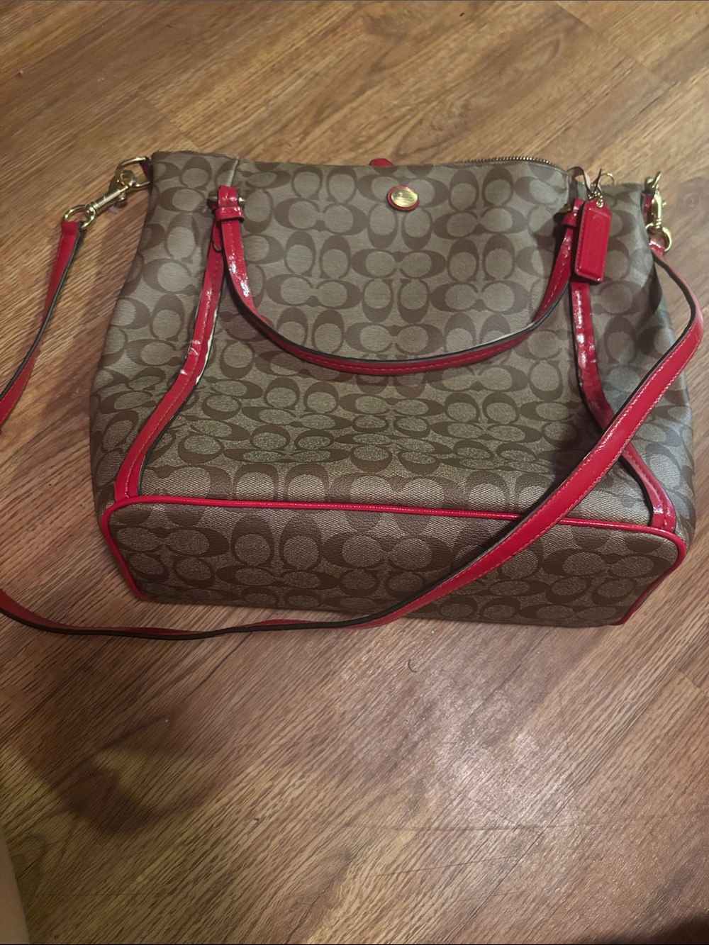 Coach Brown Signature Canvas Shoulder Bag with Red Trim